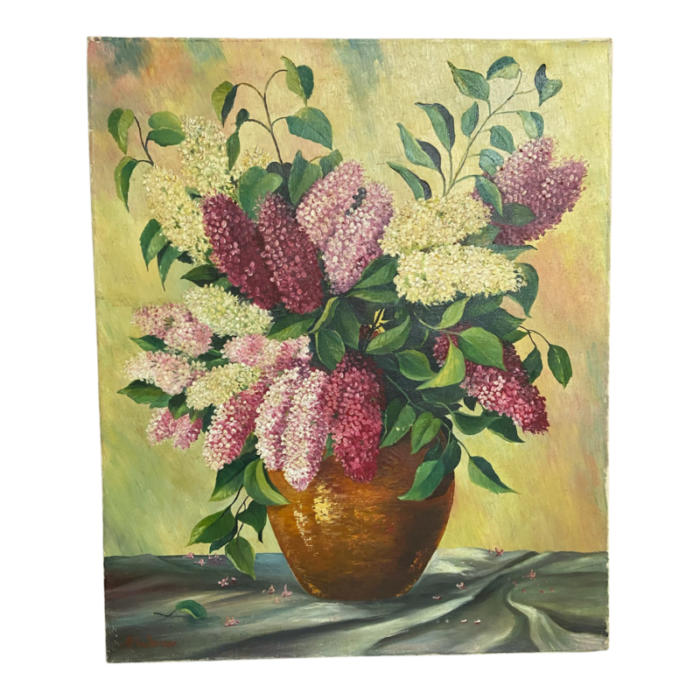 mid 20th century oil on canvas floral still life painting 1222