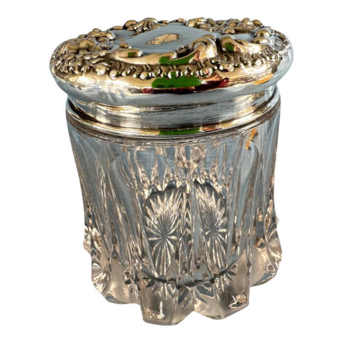 mid 20th century ribbed glass jar with embossed sterling silver top 7794