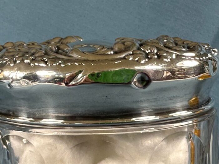 mid 20th century ribbed glass jar with embossed sterling silver top 8174