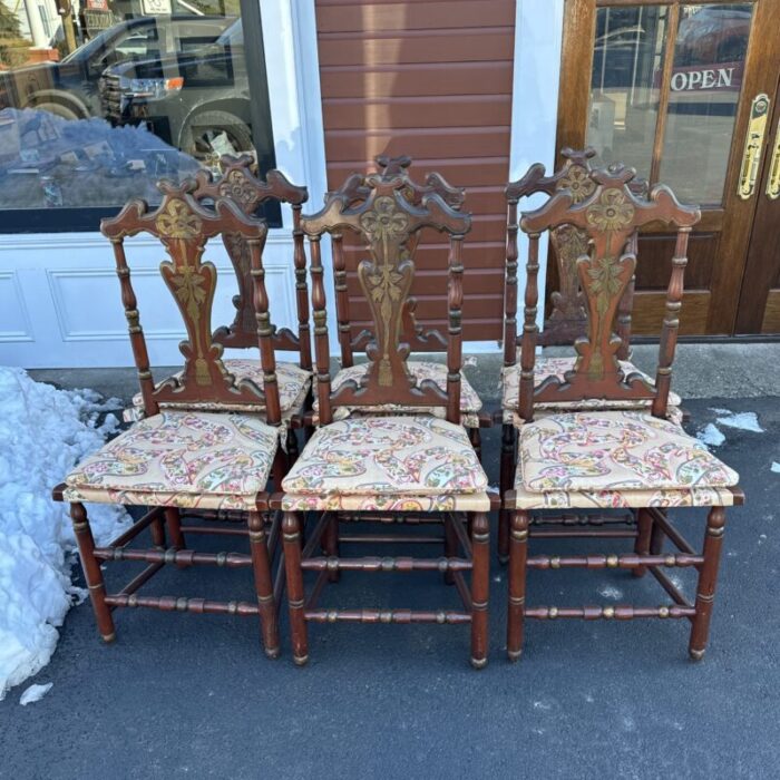 mid 20th century set of six painted italian dining chairs upholstered in a vintage fabric 0069