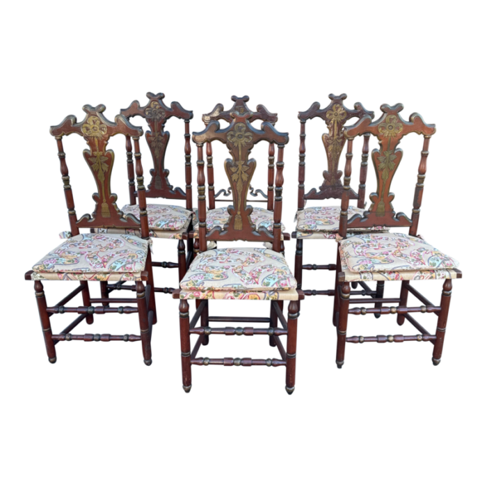 mid 20th century set of six painted italian dining chairs upholstered in a vintage fabric 0125