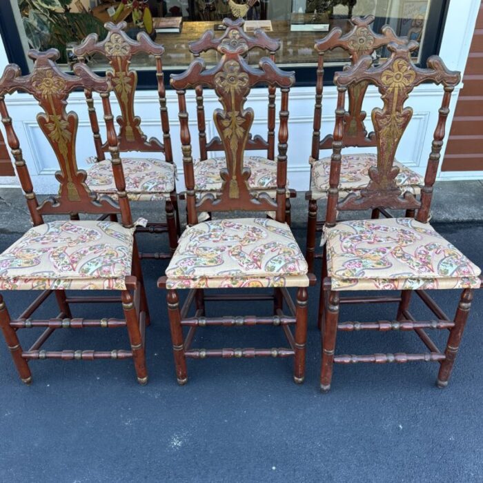 mid 20th century set of six painted italian dining chairs upholstered in a vintage fabric 3121