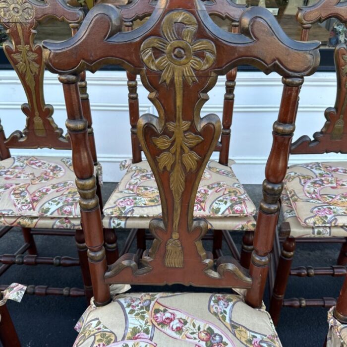 mid 20th century set of six painted italian dining chairs upholstered in a vintage fabric 5511