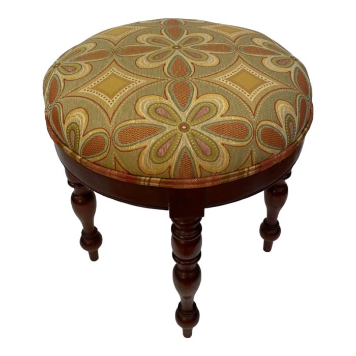 mid 20th century upholstered cherry stool with turned tapered legs 3893