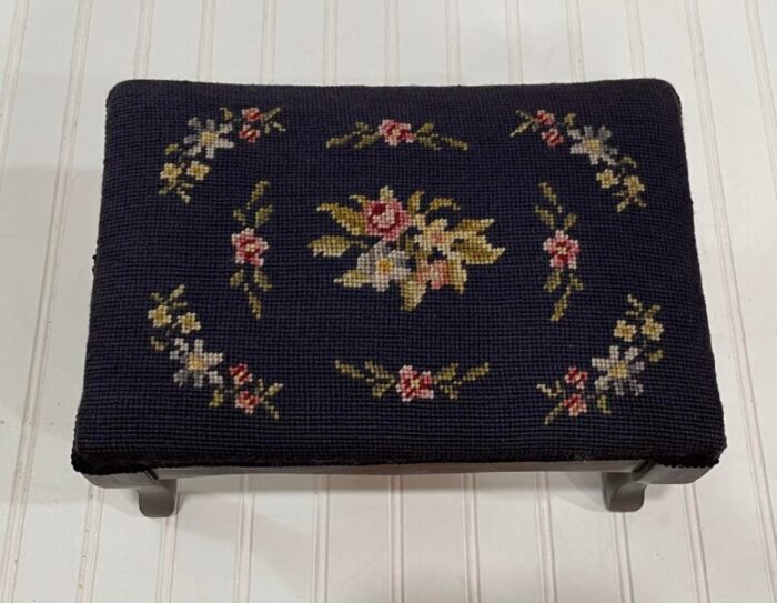 mid 20th century vintage black floral needlepoint footstool 0797