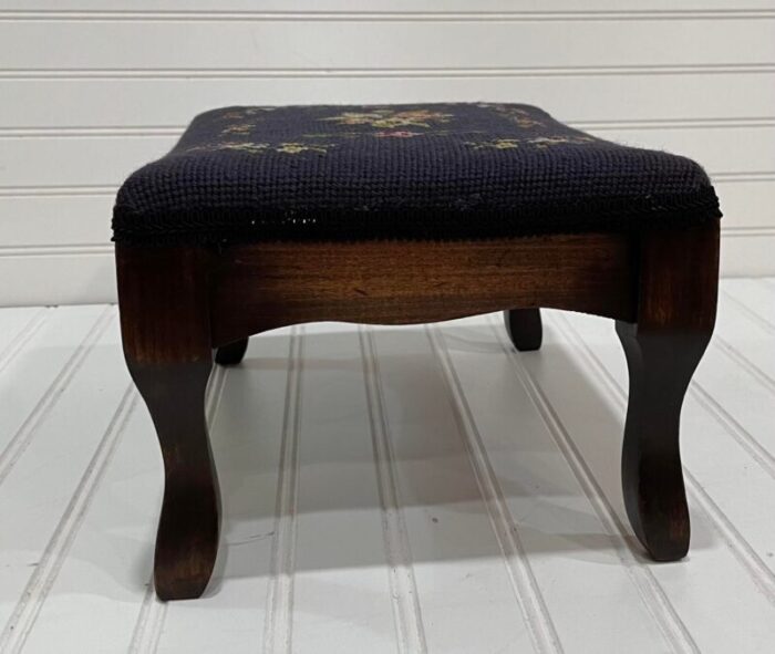 mid 20th century vintage black floral needlepoint footstool 0840