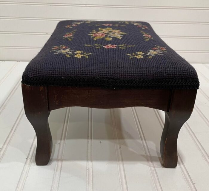 mid 20th century vintage black floral needlepoint footstool 1291