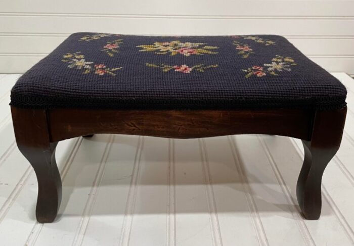 mid 20th century vintage black floral needlepoint footstool 4344