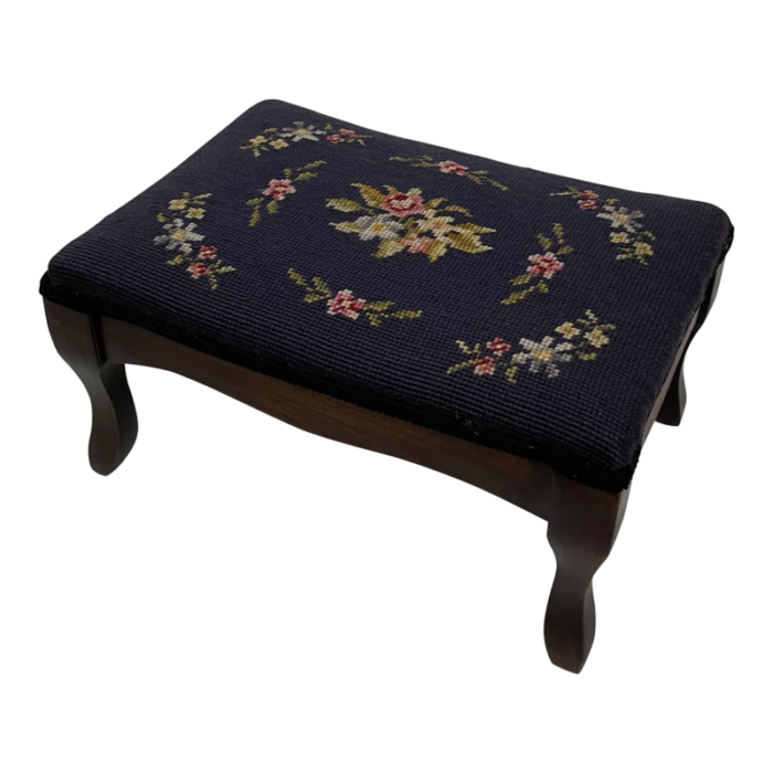 mid 20th century vintage black floral needlepoint footstool 4552