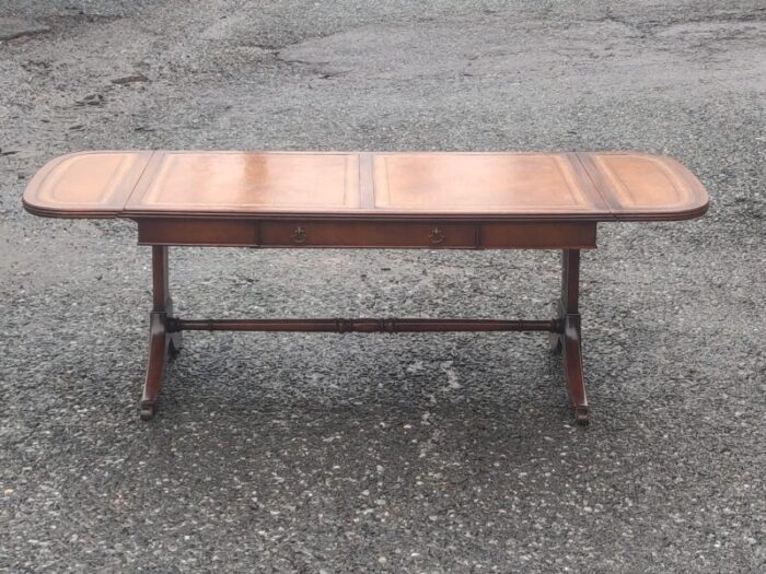 mid 20th century vintage drop leaf leather table top federal style coffee table with drawer 1421