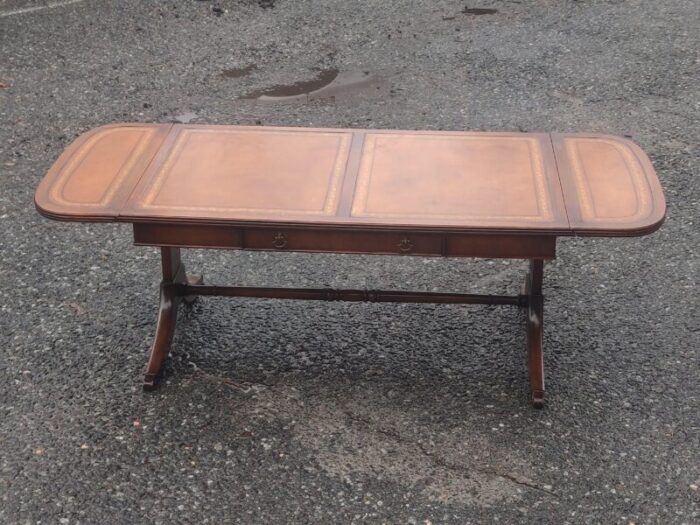 mid 20th century vintage drop leaf leather table top federal style coffee table with drawer 2641