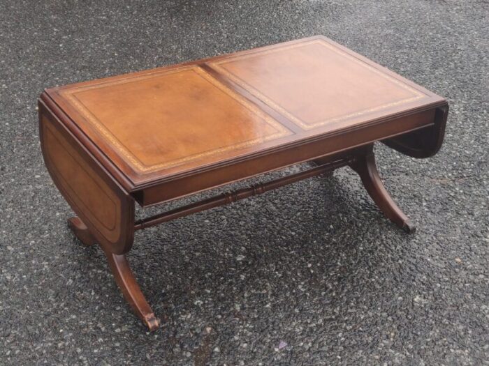 mid 20th century vintage drop leaf leather table top federal style coffee table with drawer 2646