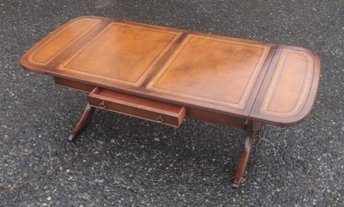 mid 20th century vintage drop leaf leather table top federal style coffee table with drawer 2809