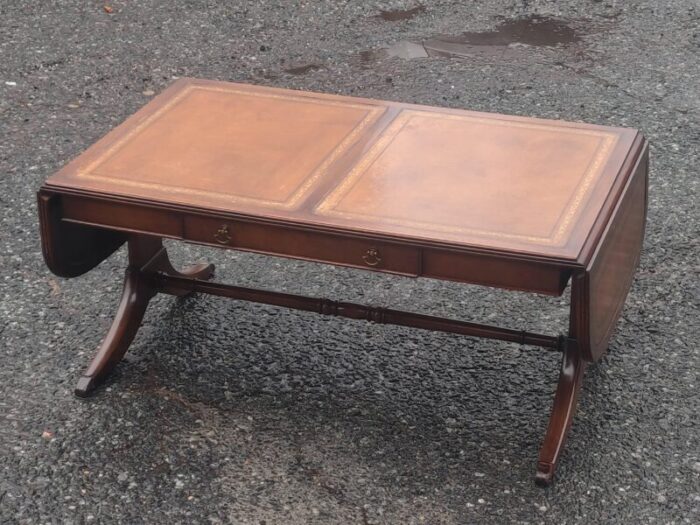 mid 20th century vintage drop leaf leather table top federal style coffee table with drawer 2926