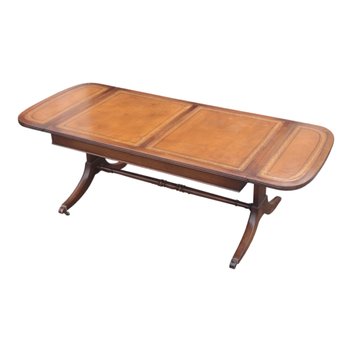 mid 20th century vintage drop leaf leather table top federal style coffee table with drawer 4965