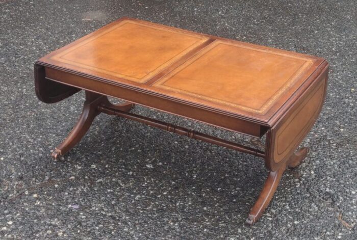 mid 20th century vintage drop leaf leather table top federal style coffee table with drawer 6122