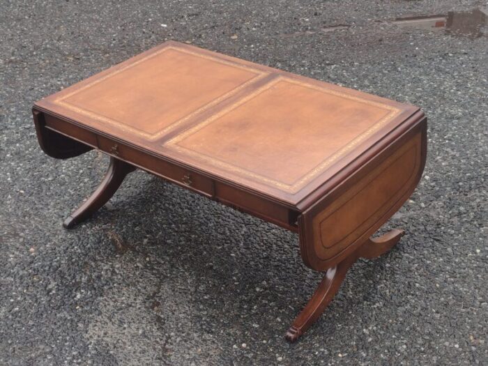 mid 20th century vintage drop leaf leather table top federal style coffee table with drawer 7009