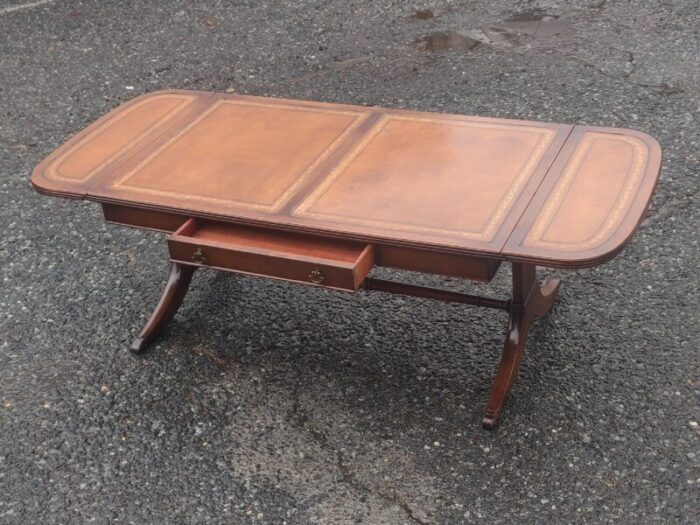 mid 20th century vintage drop leaf leather table top federal style coffee table with drawer 8237