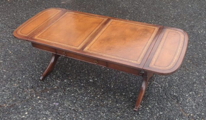 mid 20th century vintage drop leaf leather table top federal style coffee table with drawer 9587