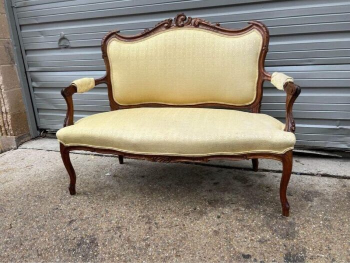 mid 20th century vintage french style fruitwood carved settee canape 3364