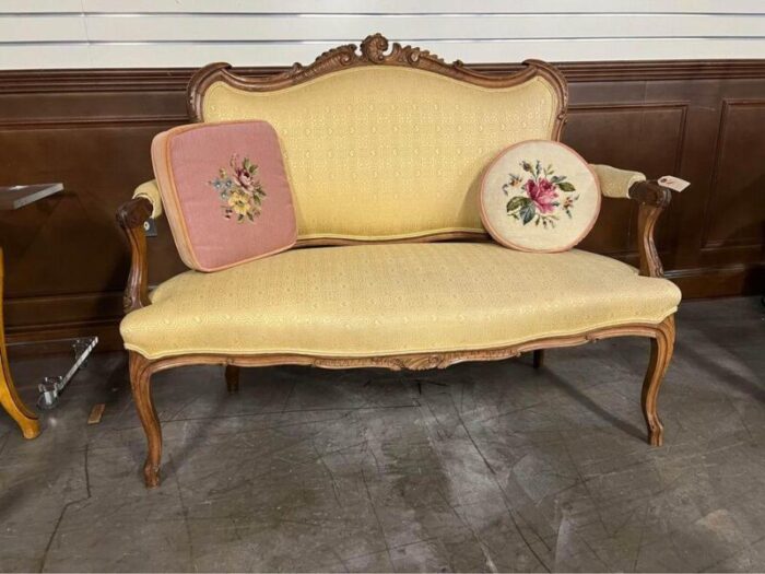 mid 20th century vintage french style fruitwood carved settee canape 3736