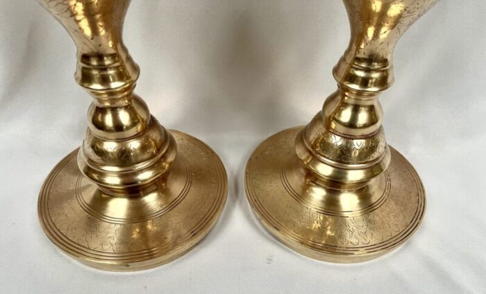 mid 20th century vintage large etched brass candle holders a pair 3424