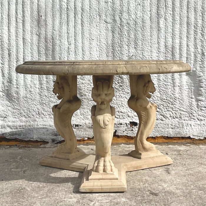 mid 20th century vintage regency cast concrete phoenix center hall table 0766