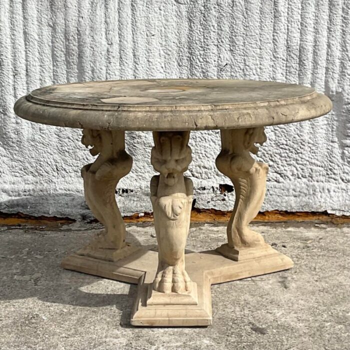 mid 20th century vintage regency cast concrete phoenix center hall table 0906