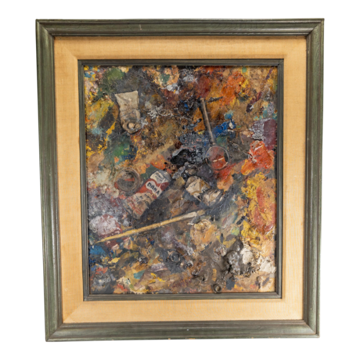 mid century abstract mixed media oil painting of an artists mess 5296