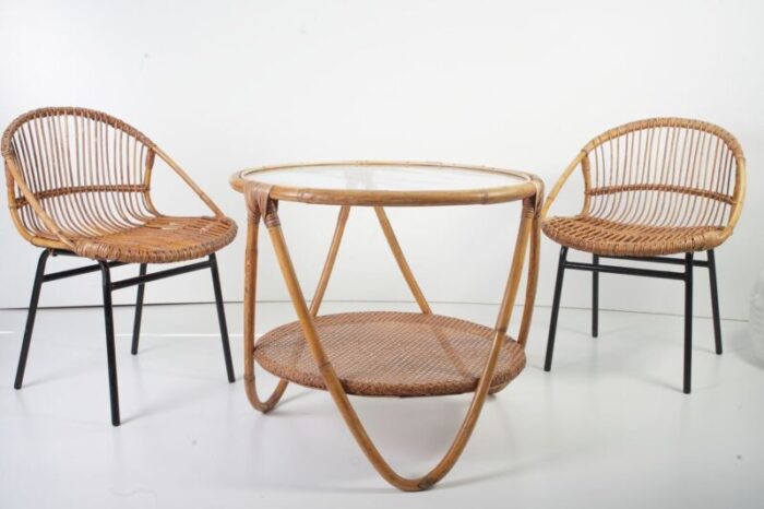 mid century bamboo lounge chairs table by alan fuchs for uluv 1960s set of 3 1