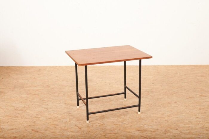 mid century black tubular steel and solid teak top side table 1