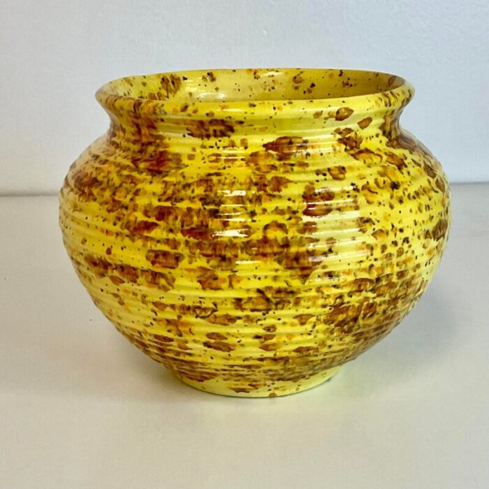 mid century boho chic americana folk art yellow splatter planter 0498