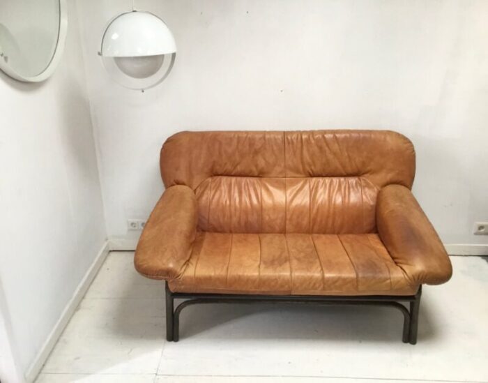 mid century brown leather and bamboo frame sofa 1970s 1