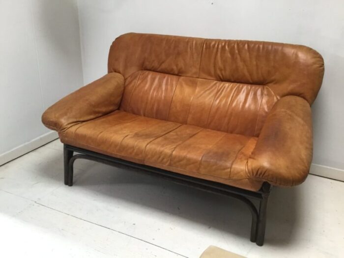 mid century brown leather and bamboo frame sofa 1970s 3