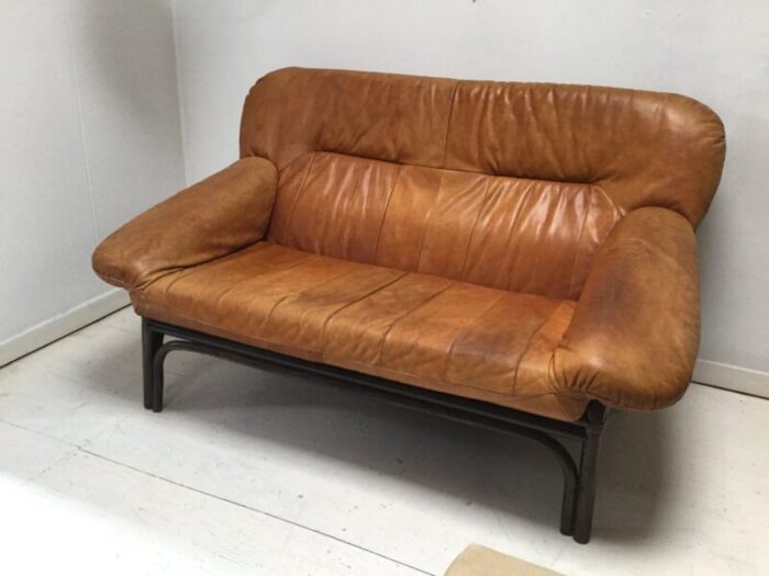 mid century brown leather and bamboo frame sofa 1970s 4