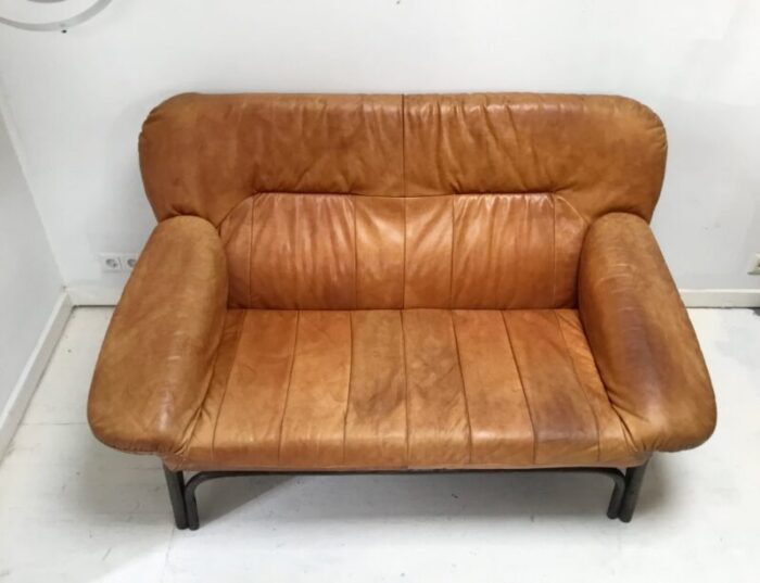 mid century brown leather and bamboo frame sofa 1970s 5