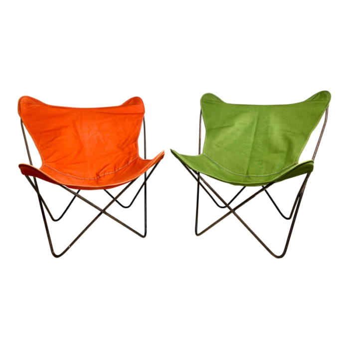 mid century castiron butterfly chairs with canvas slings a pair 8229