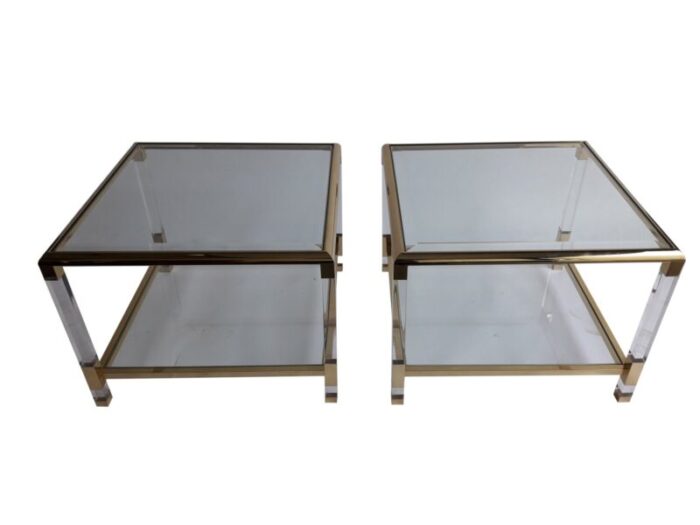 mid century french acrylic glass and brass side tables 1970s set of 2 1