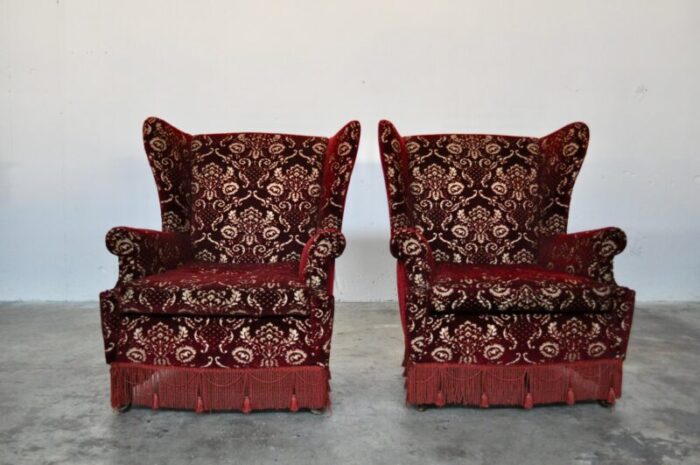 mid century italian red damask velvet lounge chairs 1950s set of 2 1