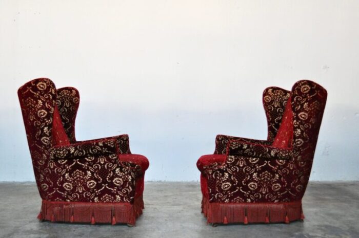 mid century italian red damask velvet lounge chairs 1950s set of 2 2