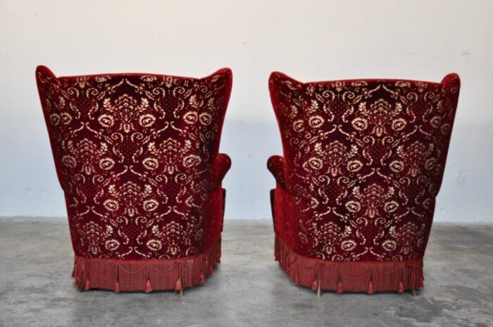 mid century italian red damask velvet lounge chairs 1950s set of 2 3