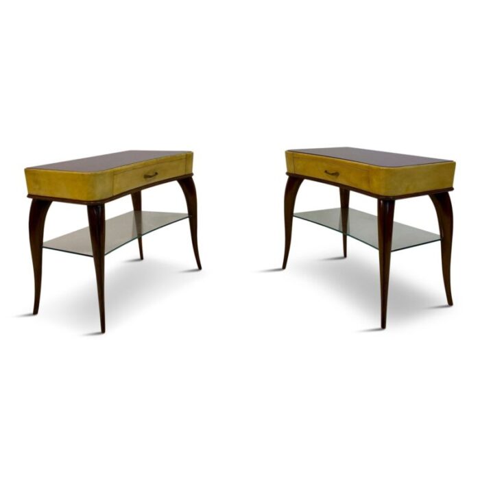 mid century italian wood and parchment bedside tables 1950s set of 2 1