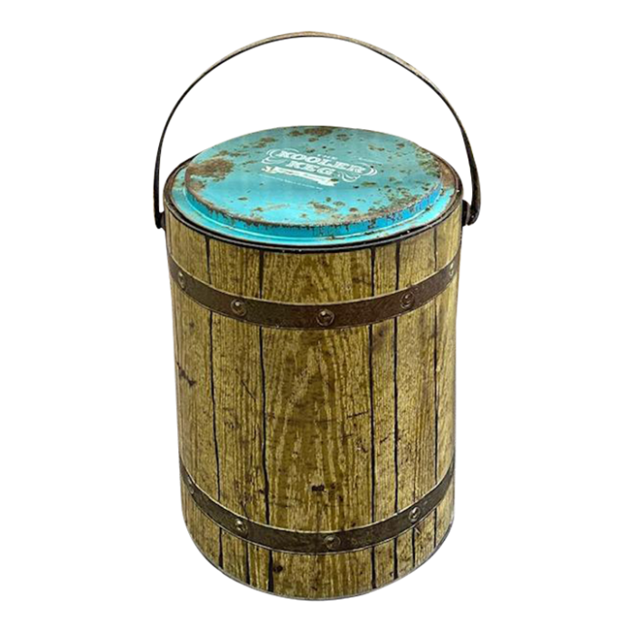 mid century metal cooler or keg decorative object 2426