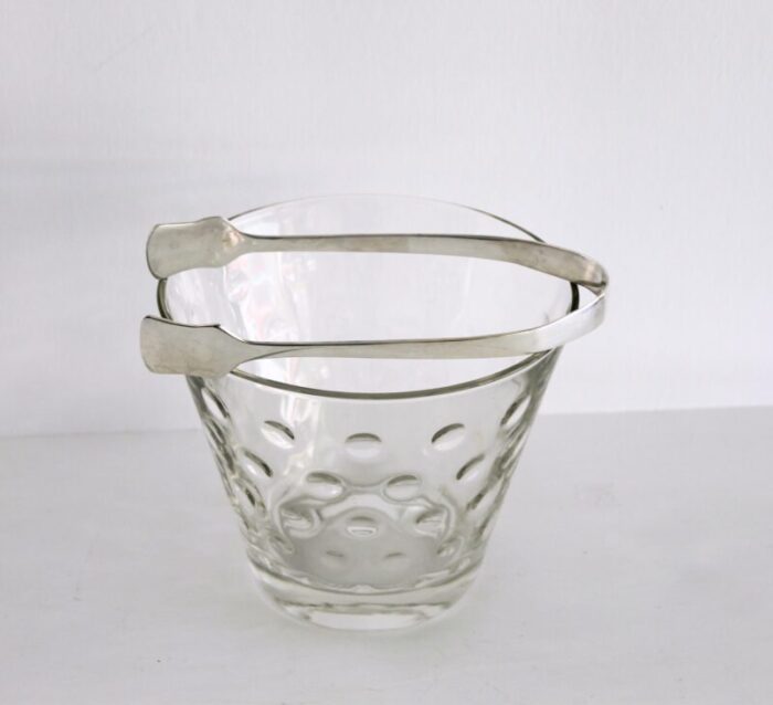 mid century modern dot pattern crystal ice bucket with silver plate tongs 0881