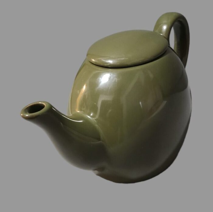 mid century modern style olive green stoneware design pac flat lid teapot 0020