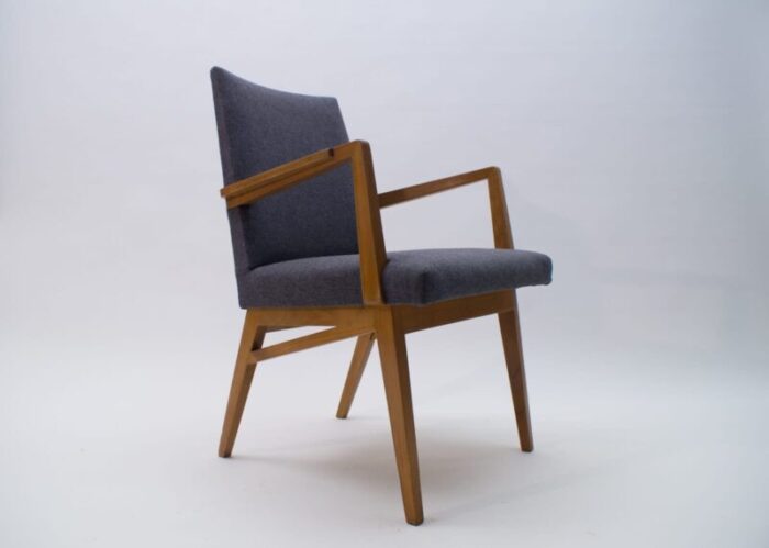 mid century modern wood armchair in grey fabric germany 1950s 1 2