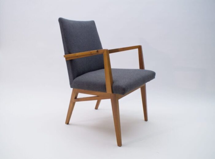 mid century modern wood armchair in grey fabric germany 1950s 2