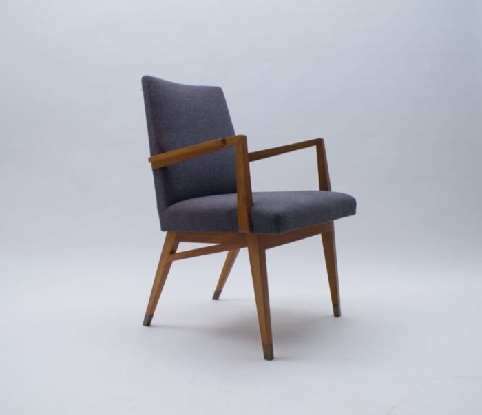 mid century modern wood armchair in grey fabric on brass feet germany 1950s 1