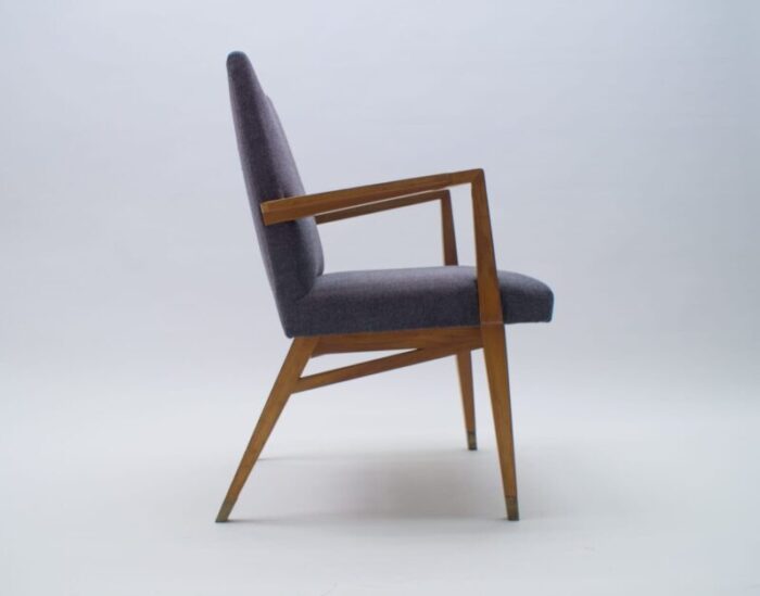 mid century modern wood armchair in grey fabric on brass feet germany 1950s 2