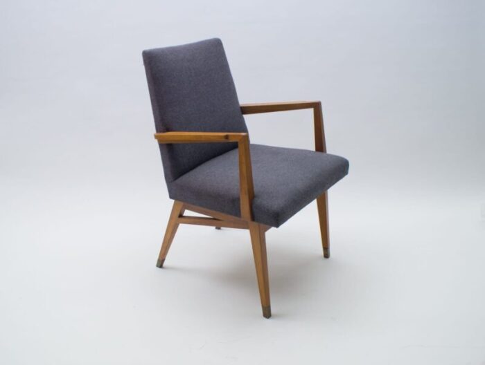 mid century modern wood armchair in grey fabric on brass feet germany 1950s 3